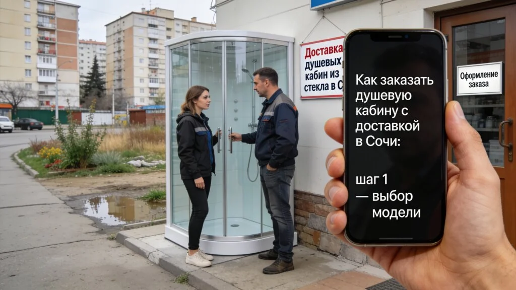 Мастер устанавливает стеклянную душевую дверь под ключ в ванной комнате