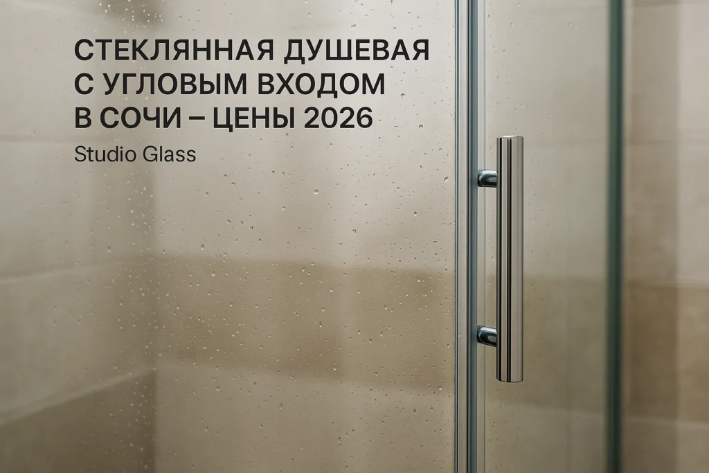 Крупный план стеклянного полотна душевой перегородки с угловым входом — хромированные комплектующие, капли воды на стекле