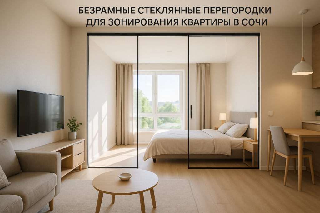 Светлая современная квартира-студия в Сочи, зонированная безрамной стеклянной перегородкой между гостиной и спальней, солнечный свет из окна