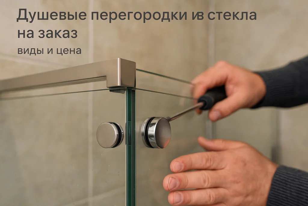 Крупный план монтажа стеклянной душевой перегородки, крепёжная фурнитура и профиль на стекле