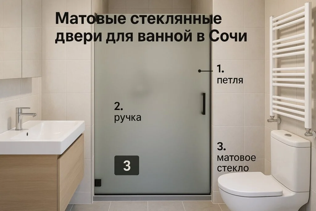 Ванная комната с матовой стеклянной перегородкой душевой зоны, светлый минималистичный дизайн
