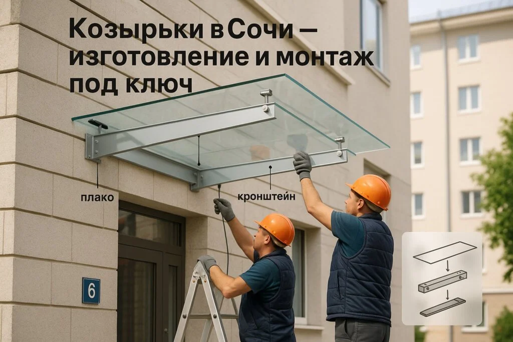 Монтажники устанавливают стеклянный козырёк на алюминиевый каркас над входом в здание, работа в течение дня