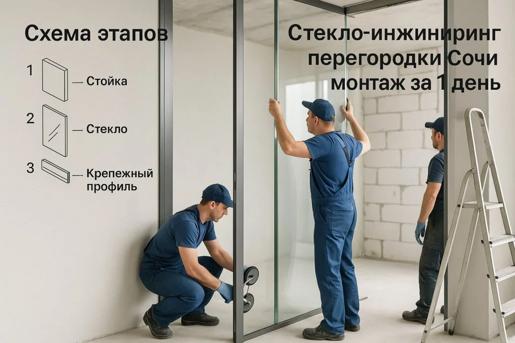 Бригада монтажников устанавливает стеклянную перегородку на объекте за один рабочий день