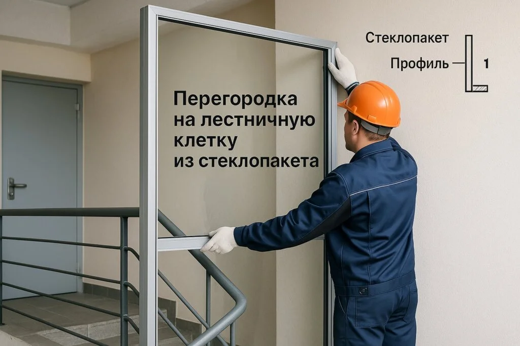 Монтажник в спецодежде устанавливает стеклянную перегородку с алюминиевым профилем на лестничной площадке