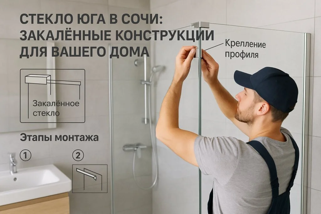 Современная ванная комната с душевой кабиной из прозрачного закалённого стекла, мастер проверяет крепление профиля